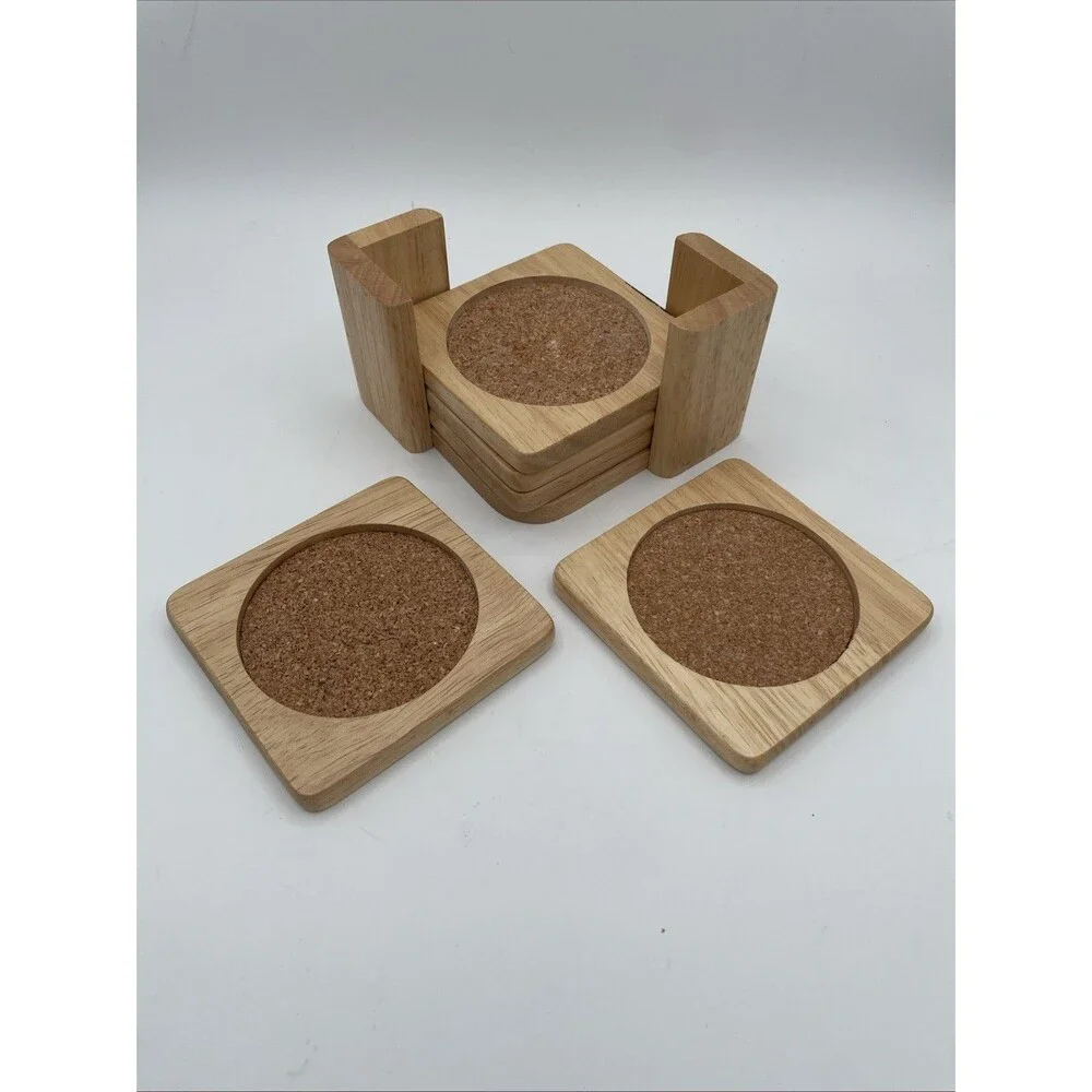 Set Of 5 MCM Vintage Light Wood Drink Coaster Set with Holder CORK TAIWAN